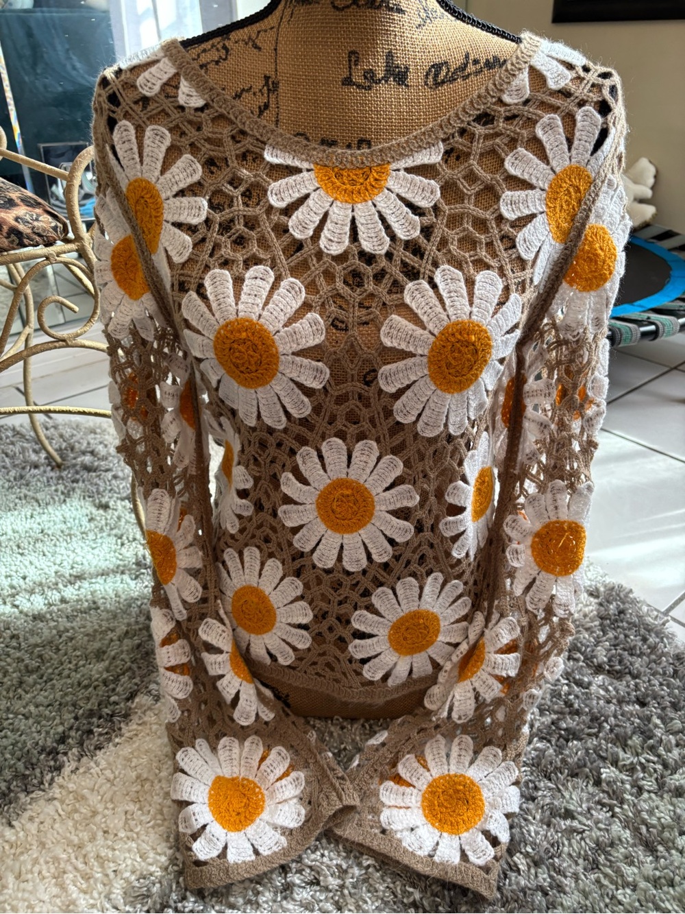 Rebellion Crochet Daisy Knit Top in White, Mustard & Tan